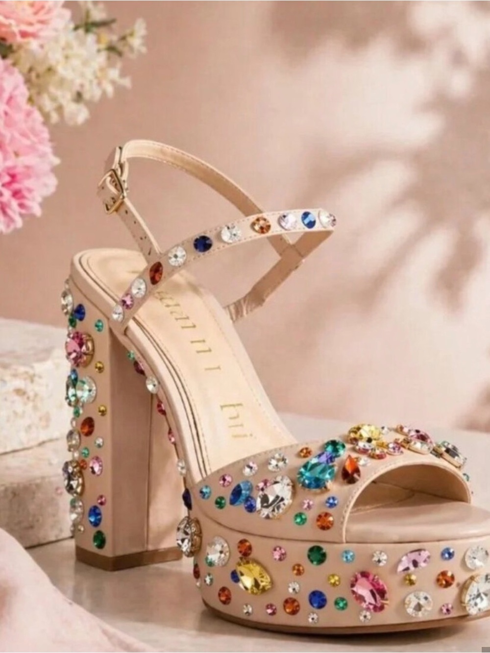 Bejeweled Nude Platform Sandals with Multicolor Crystal Accents